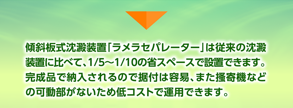 傾斜板式沈澱装置「ラメラセパレーター」は従来の沈澱装置に比べて、1/5～1/10の省スペースで設置できます。
完成品で納入されるので据付は容易、また搔寄機などの可動部がないため低コストで運用できます。